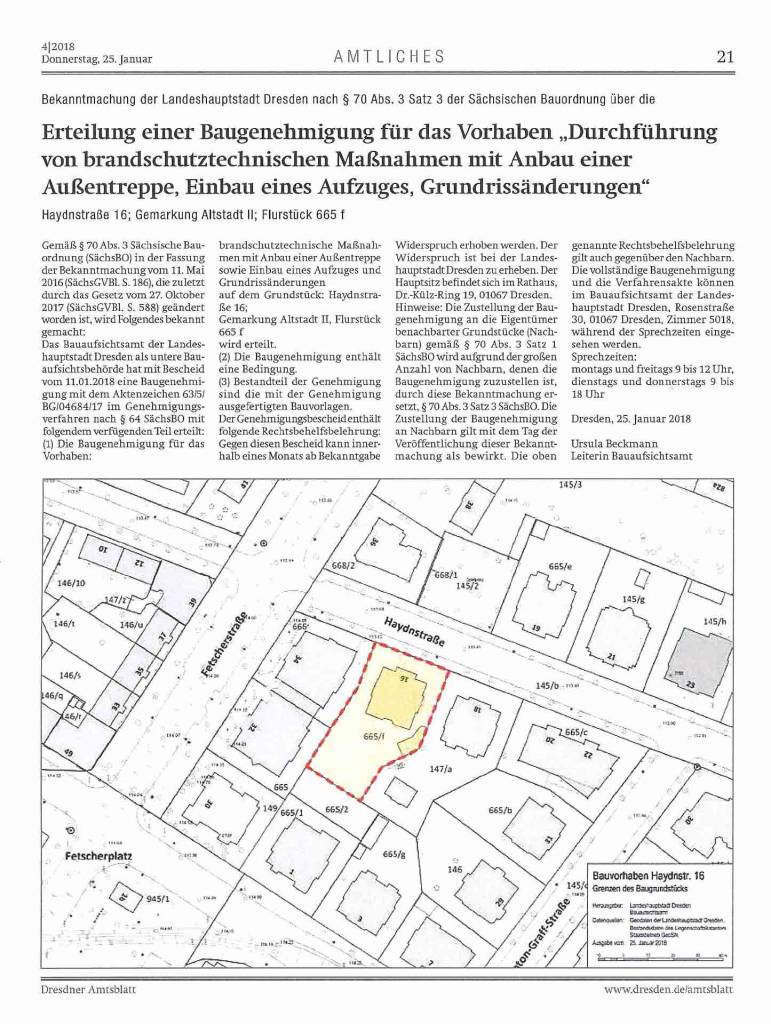 Baugenehmigung Aufzug Adventhaus im Amtsblatt